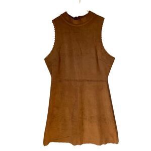 HYFVE Scalloped Hem Mini Dress, Large. Faux Brown Suede. Microfiber. Pretty